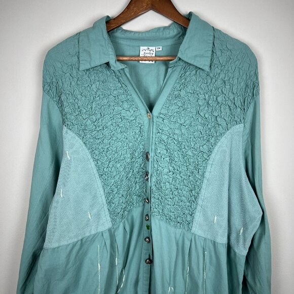 Parsley & Sage Tunic Top Womens 2X Green Blue Mixed Media Embroidered Button Up - Picture 4 of 15